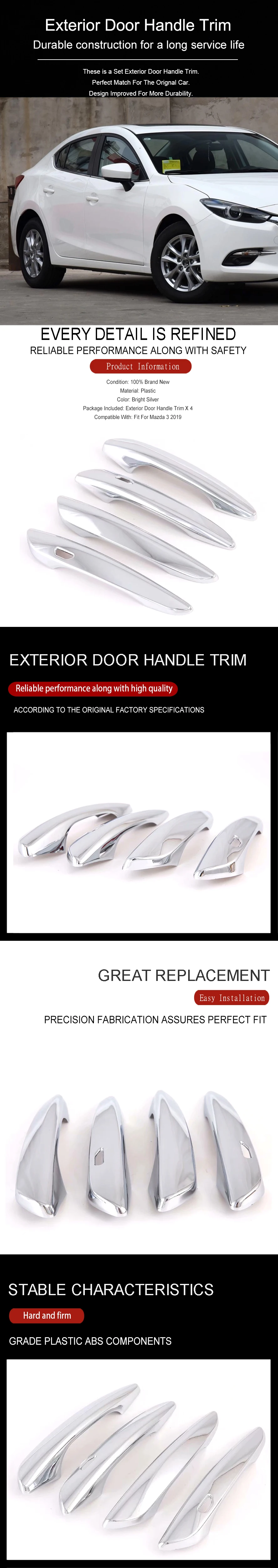 Wooeight 4Pcs Bright Silver Car Exterior Door Handle Molding Trim Bezel Cover Fit For Mazda 3 2019 Decoration Stickers (7)