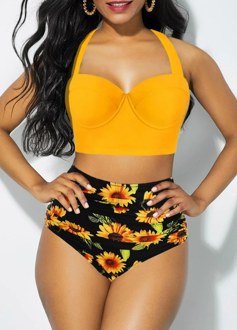 2020 New Sunflower Bikini Set Two Piece Swimsuit Women Bathing Suit Swimwear Beach Wear High Waist Tankini Biquini Plus Size May