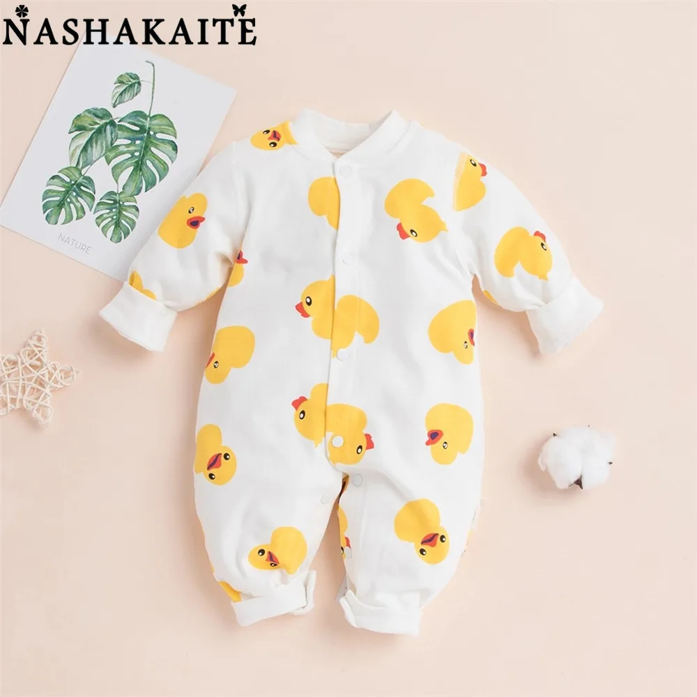 

NASHAKAITE Newborn Baby Romper Little Yellow Duck Animal Long Sleeve Baby Boy Jumpsuit 0-24M Infant Overalls Baby Boy Clothes