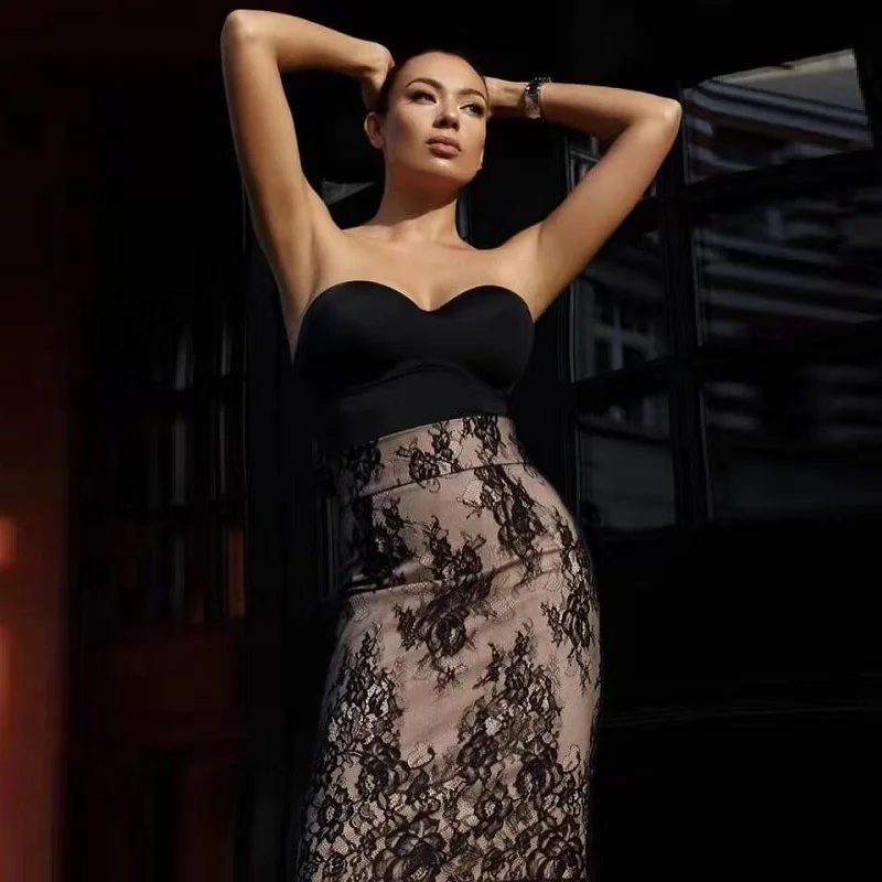 Elegant Lace Women Sexy Strapless Dress Bandage Black Summer Sleeveless Close-fitting Mini Party Fashion Ladies Vestidos