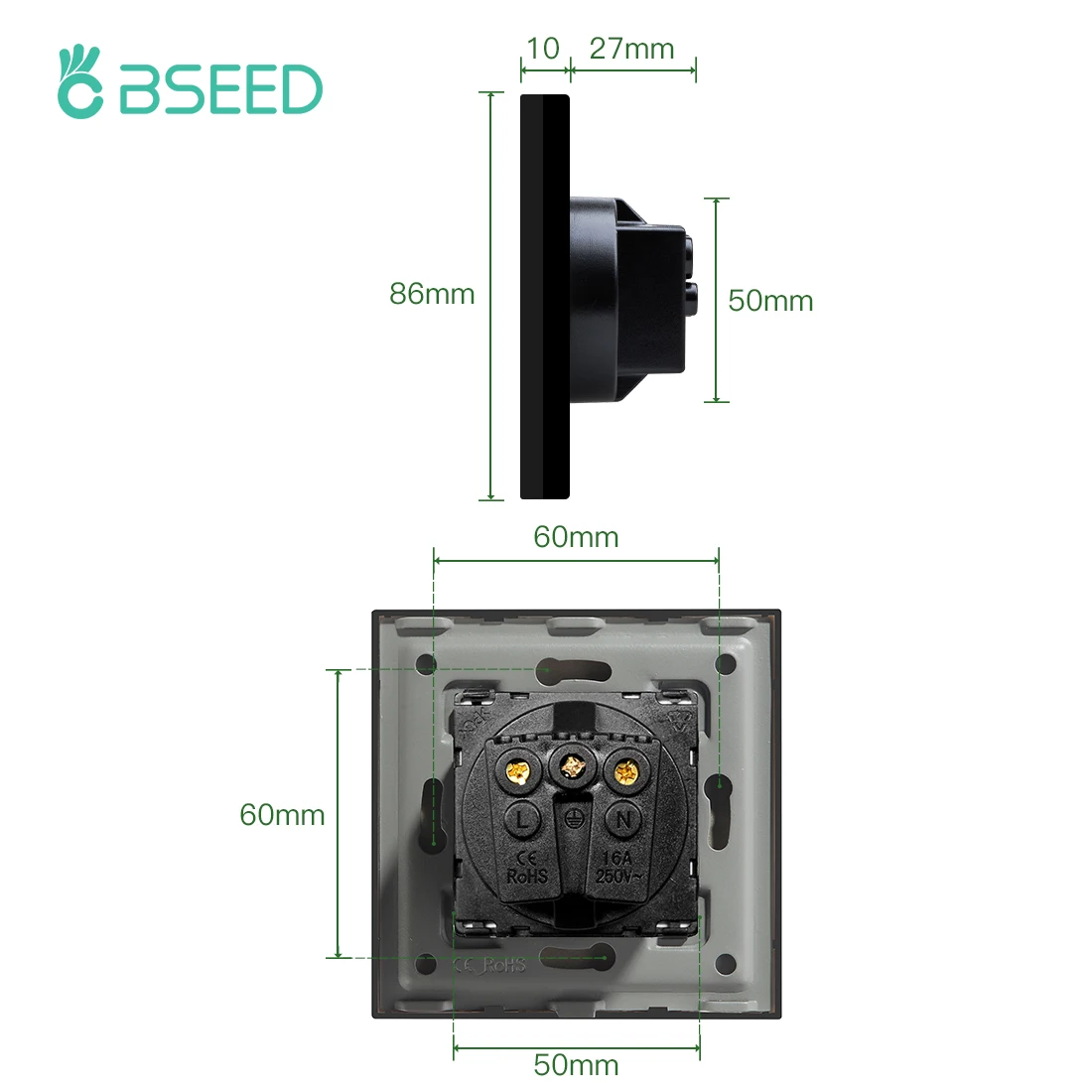 BSEED EU 표준 벽 소켓 유리 크리스탈 패널 단일 전기 콘센트 16A 장착 소켓 110V - 240V 어린이 보호