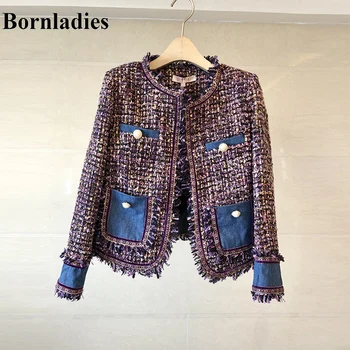 

Bornladies Tweed Coat 2020 Spring Women's Small Fragrance Long Sleeve Denim Patchwork Woolen Fringed Trim Tassels Runway Jacket