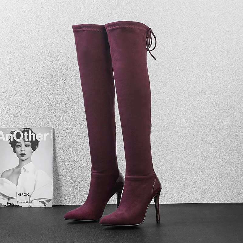 EF8019 Wine Red Оригинальное предназначение новые зимние черные сапоги выше колена женские сексуальные супер высокие каблуки-шпильки острый носок высокие сапоги женские 5-12 - Цвет: EF8019 Wine Red