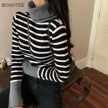

Sweater Women Turtleneck Knit Winter Clothes Novelty Patchwork Womens Sweaters and Pullovers Soft Elegant Striped Korean Top