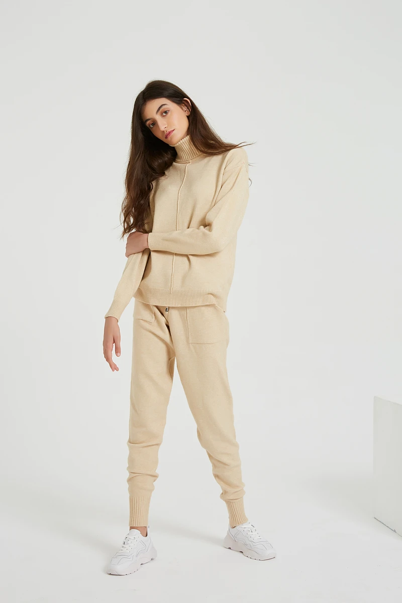 

Women's Sweater Suits and Sets Turtleneck Long Sleeve Knitted Sweaters+Pockets Long Trousers 2PCS Sets Winter Costume