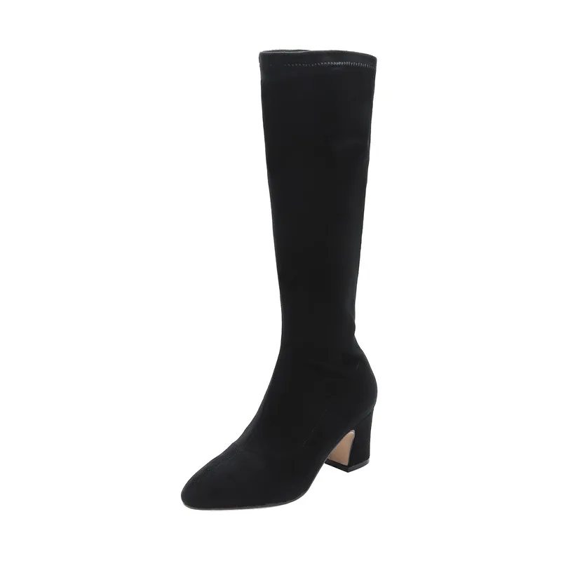FEDONAS/Элегантные женские кожаные сапоги до колена из флока; обувь для ночного клуба; женские эластичные сапоги для верховой езды на высоком каблуке; пикантные сапоги большого размера - Цвет: heiserongmian