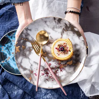 

European Style Marble Plates Ceramic Dinner Set Gold Inlay Porcelain Dessert Plate Steak Salad Snack Cake Plates Tableware