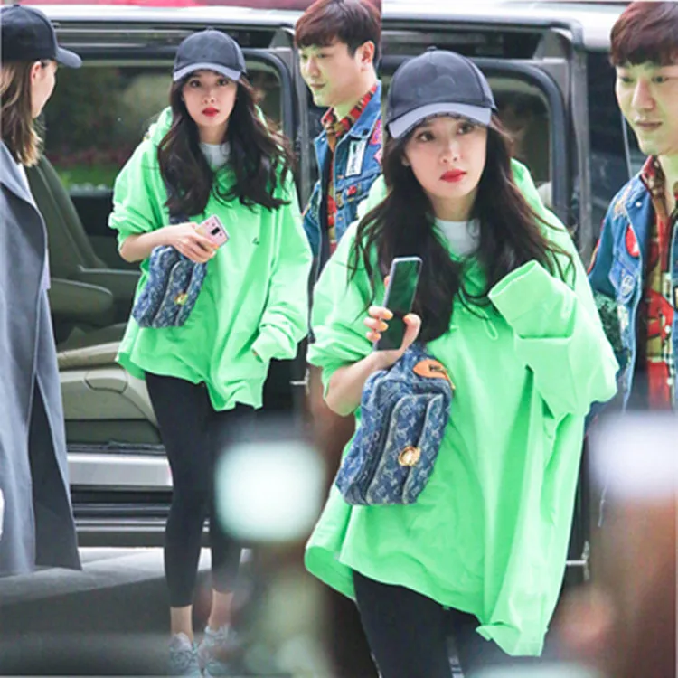 SNSD Kim Taeyeon Yang Mi style женские свободные флуоресцентные толстовки зеленого цвета толстовка корейский BF Стиль оверсайз с капюшоном топы пуловер