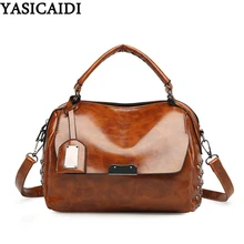 YASICAIDI знаменитая лакированная кожаная сумка-тоут, винтажные дамские сумки из ПУ, декорированная заклепками, сумка через плечо, женская сумка