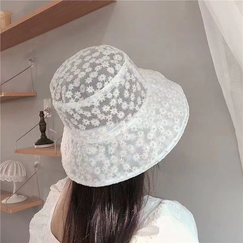 Sun hat women spring and summer daisy embroidery lace breathable fisherman bucket