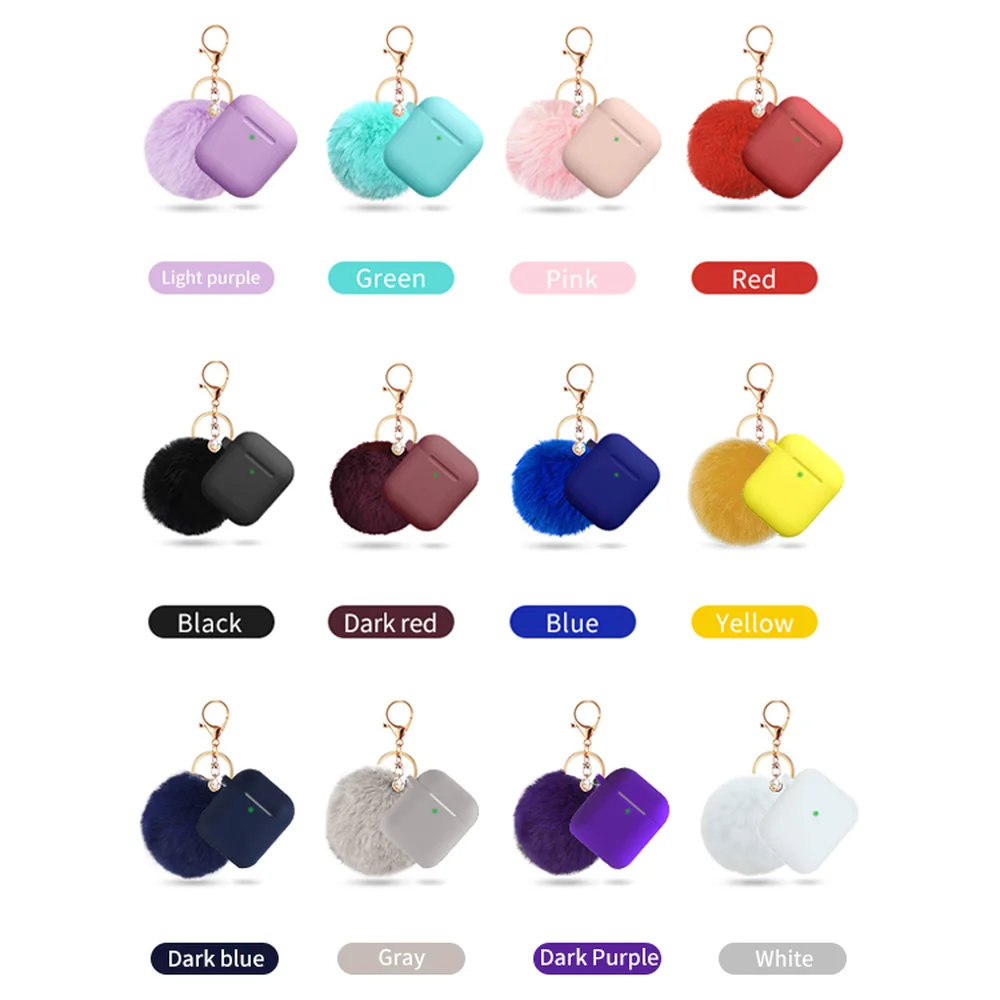 Protective Case multi colors with lost-proof and Keychain hooks lovely hair ball Silicone Bluetooth Earphone For airpods 1 2