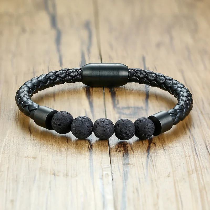 Titanium Steel Stainless Steel Man Chakra Bracelet Jewelry Black Leather Volcanic Beaded Stone Bracelets