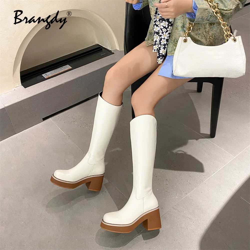 Brangdy Genuine Leather Women Knee Hight Boots Fashion Square Heels Women Shoes Round Toe Zipper New Women Winter Knight Boots