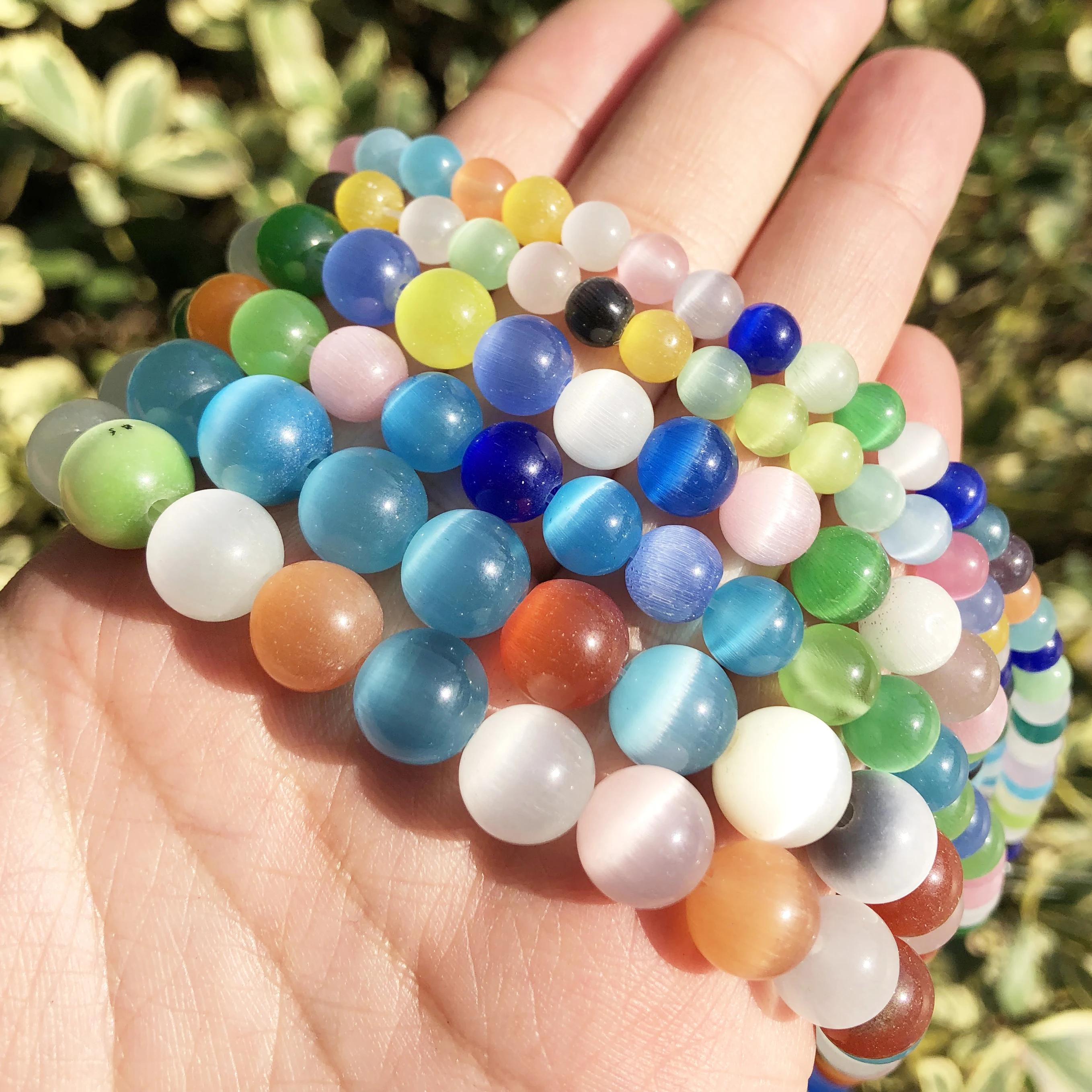 Natural Pink, White, & Blue Cat Eye Round Loose Beads for Jewelry Making - High-Quality Moonstone DIY Bracelet, 15 Strand