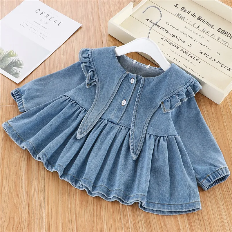 

pudcoco Casual Fashion Baby's Dress Long sleeve Ruffles Denim Blue Pleated A-line Party Mini Dress Children Girl Buttons Vestido