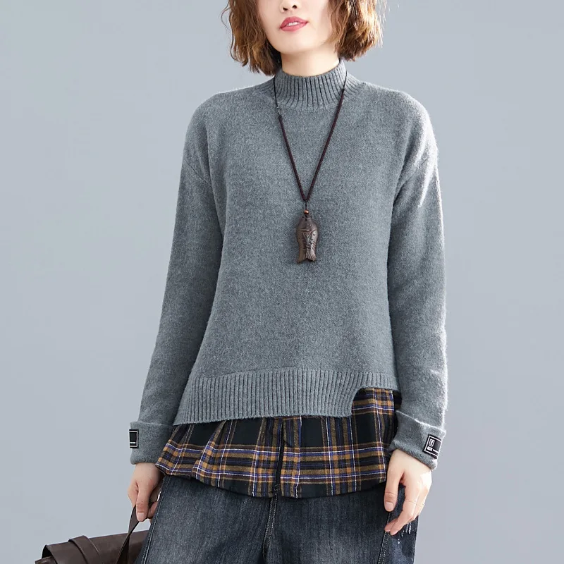 Новинка осени, Женский пуловер в стиле пэтчворк, свитер, корейский стиль, женские мягкие вязаные свитера - Цвет: Серый
