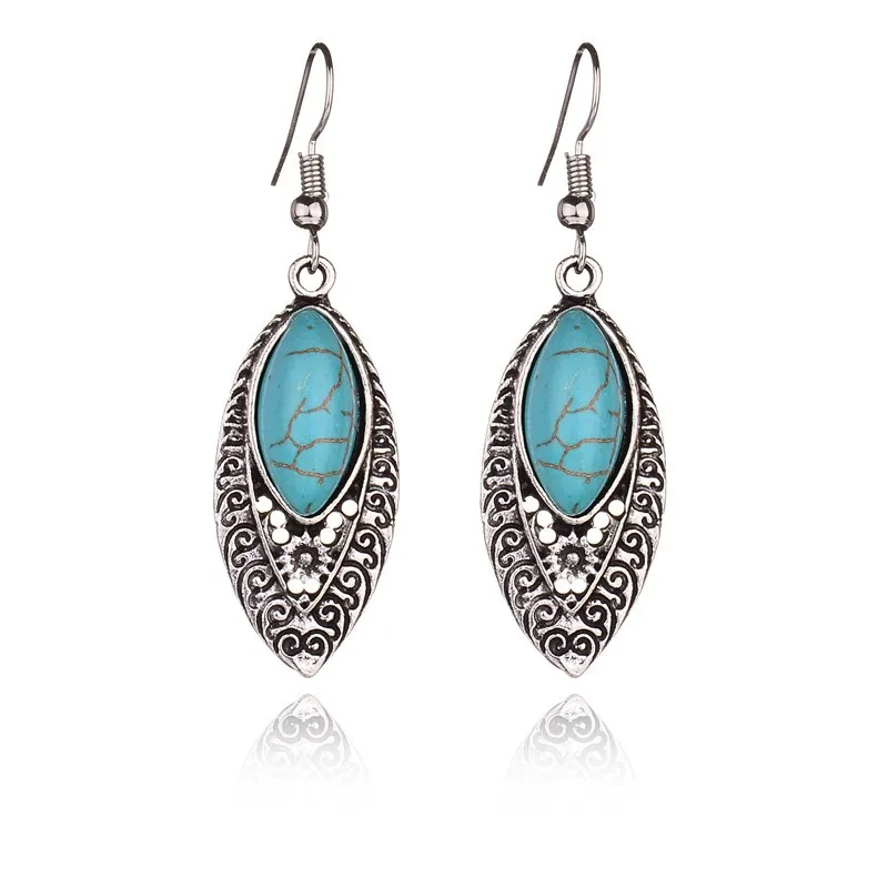 Vintage Marquise Blue Stone Dangle Earrings for Women Antique Silver Color Ethnic Bohemian Jewelry Tibetan Turquoises | Украшения и