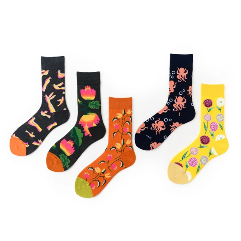 Bird Pattern Harajuku Flower Socks Women Funny Cotton Dress Casual Wedding Socks Colorful Novelty Skateboard Socks