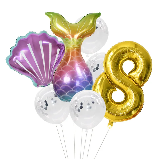 Little Mermaid Party Balloons 32inch Number Foil Balloon Kids Birthday Party Decoration Supplies Baby Shower Decor Helium Globos 7pcs number8 set