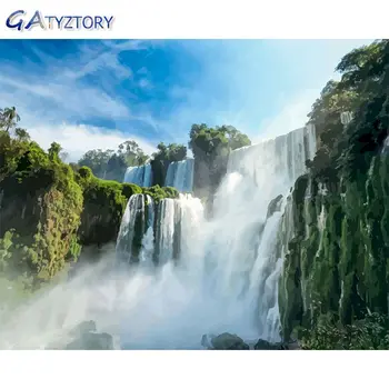 

GATYZTORY DIY Paint by numbers for Adults mountain waterfall Canvas for drawing photo frames for picture acrylic paint 40x50cm