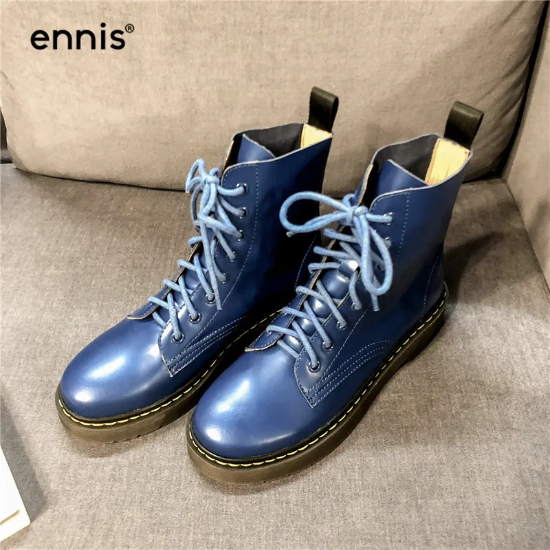 ENNIS/брендовые синие ботинки на платформе; женские красные ботинки из натуральной кожи на шнуровке; Ботинки martin на плоской подошве; обувь на толстой подошве; модная обувь; A9212