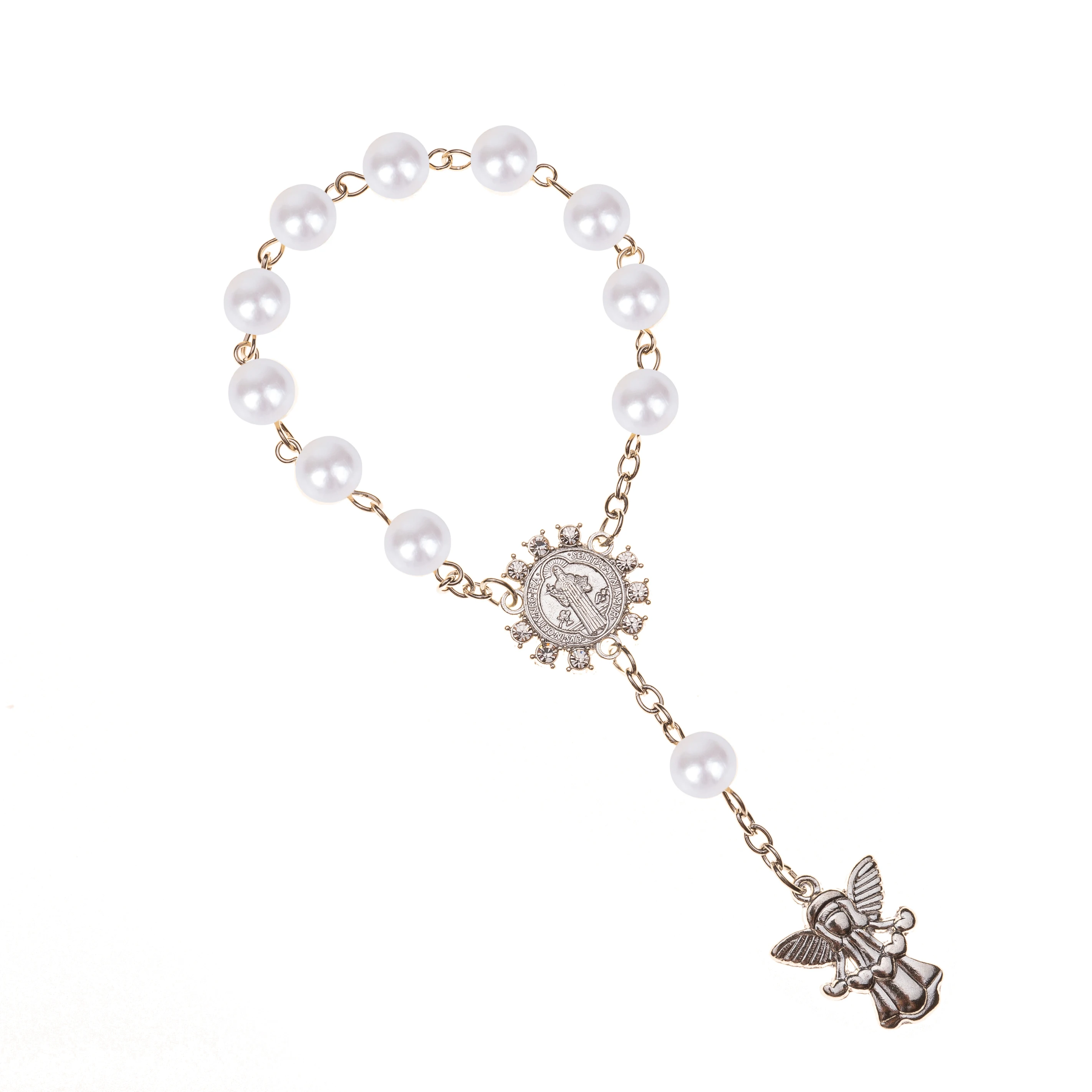 Pearl bracelet 10pcs, imitation pearl beads, Catholic rosary with angel wings pendants