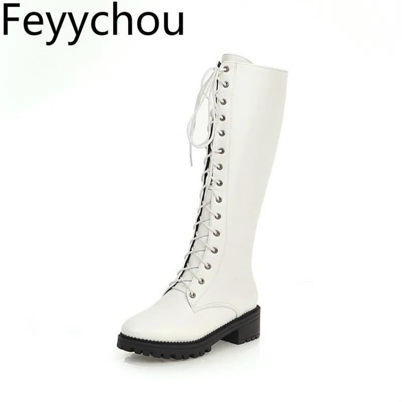 

Women's Boots Autumn Winter Warm Low Heel Lace Up Knee High Round Toe Platform Motorcycle Shoes 2019 New Sexy Fashion White