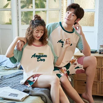 

2020 Summer Couple Pajamas Short-sleeved Cotton Homewear Suit Men and Women Thin Sleepwear Set Lovers Pajamas with Shorts