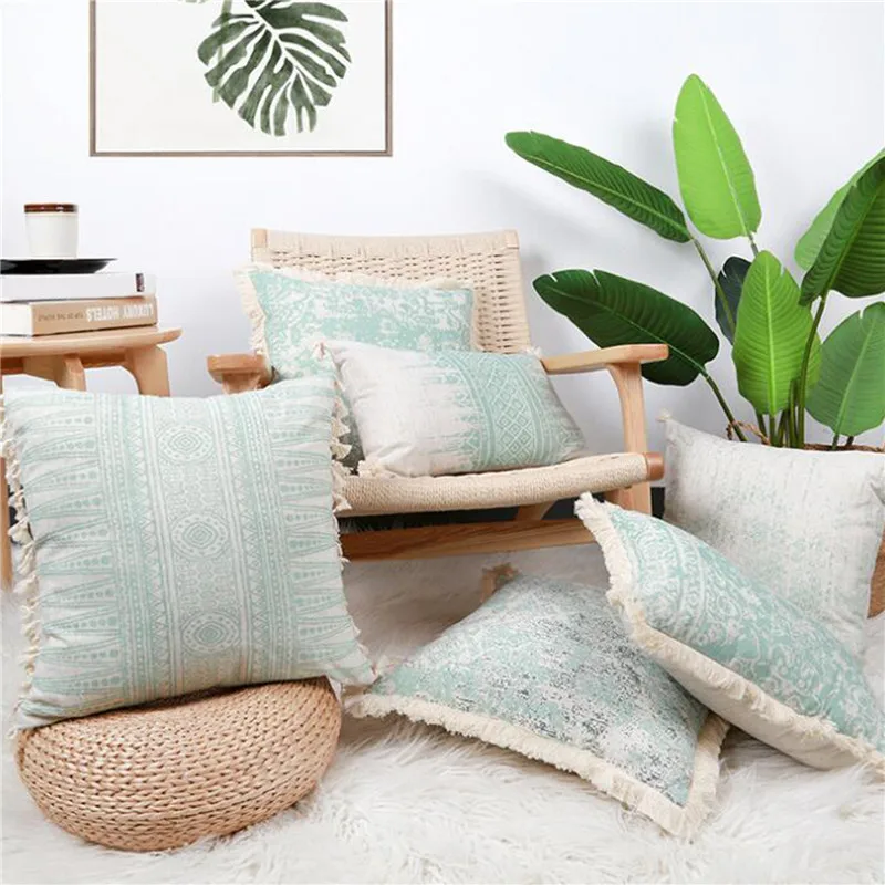 Vintage Pillow Cover 45x45cm Green Cushion Cotton Linen With Tassles for home decoration Living Room Retro | Дом и сад