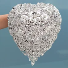 18 Centimetri Argento di Lusso Del Rhinestone Pieno di Diamanti da Sposa Mazzi di Fiori a Forma di Cuore da Sposa Bouquet di Fiori Artificiali Fiori di Nozze W520