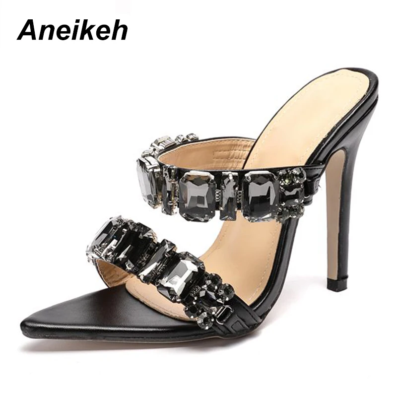 Black Aneikeh PVC модная обувь женские босоножки бисер Стразы с блестками и заостренным концом открытый носок вечерние босоножки на высоком тонком каблуке Женская обувь - Цвет: Black