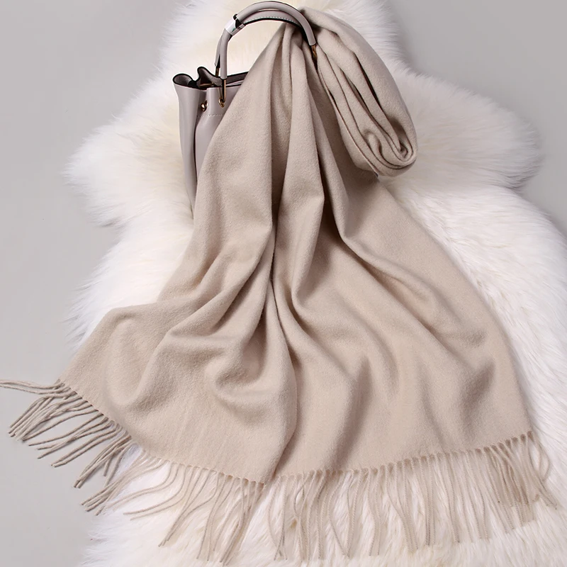 100% Pure Wool Scarf Winter Women Neck Warmer Echarpe Wrap with Tassel Pashmina Foulard Femme Merino Cashmere Scarves for Ladies