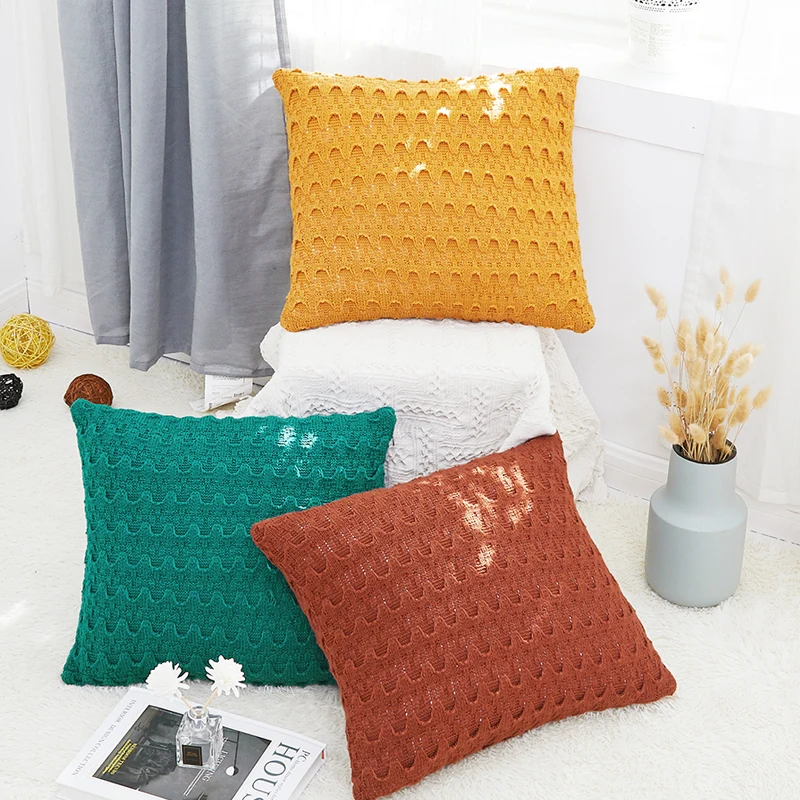 

Knit Cushion Cover Vintage Wave Design Yellow Blue Green Pink Green Coffee Yellow Pillow Case 45cm*45cm Zip Open Home Decoration