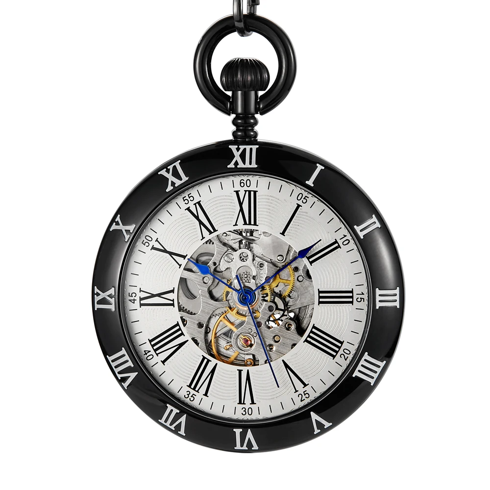 

Luxury Copper Silver Automatic Mechanical Pocket Watch Clock Fob Chain Watch Men Roman Numbers Clock High Quality Pocket Watches