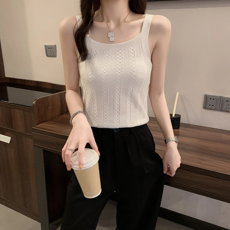 Solid Color Black and White Green Knit Camisole Top 2021 Summer Sleeveless Sexy Casual Camisole Top long camisole
