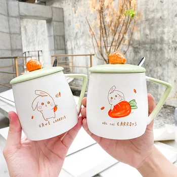 

Hipster Korean Style Radish Rabbit Ceramic Cup with Lid dai shao Mug Lovely Students Tea Milk Coffee Cup