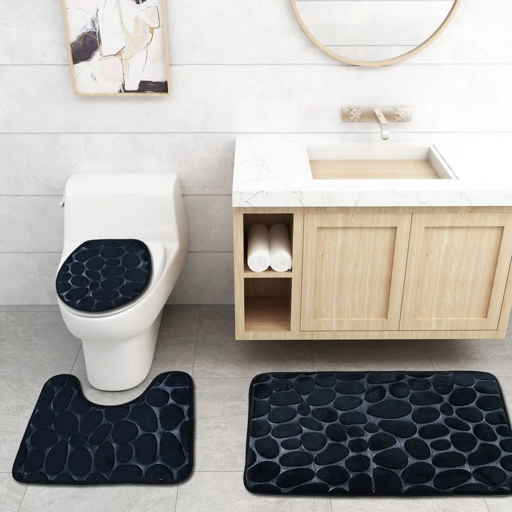 

Black 3D Cobblestone Bathroom Mat Toilet Covers Solid Color 3pcs/set Bath Floor Carpets For Home Decor Quality Foot Pad Doormats