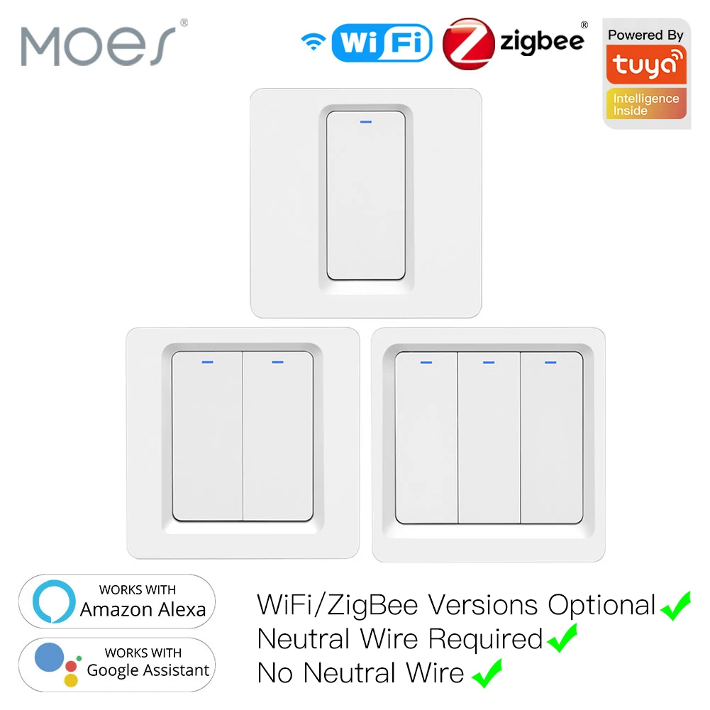 

Moes WiFi ZigBee Smart Push Button Switch No Neutral Required Smart Life Tuya APP Alexa Google Home Voice Control 2/3 Way EU UK