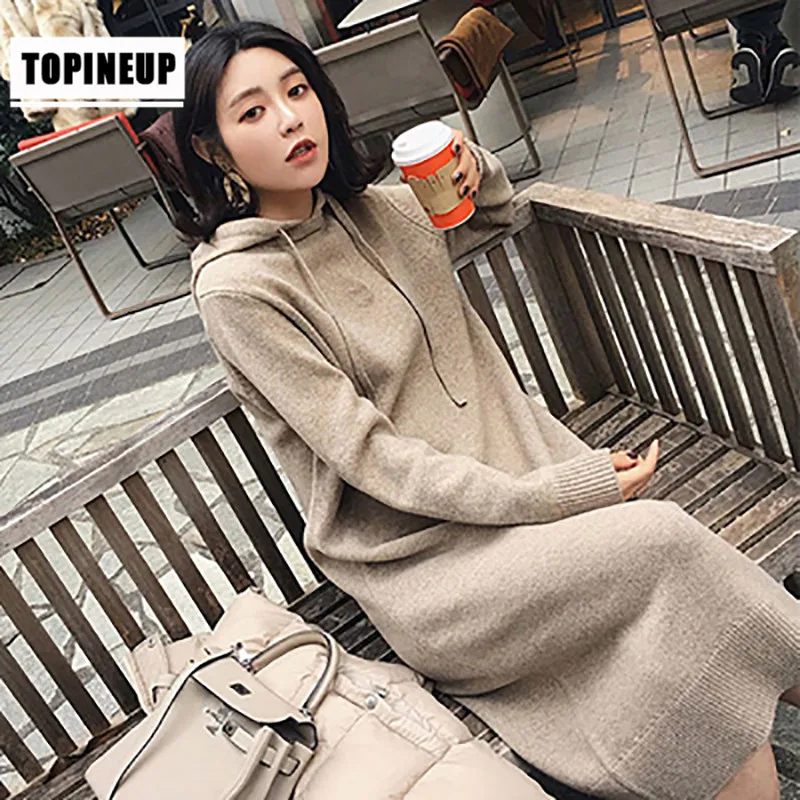

2019 Fashion Casual Long Knee-long Wool Dress Hemp Knitting Dress Hooded Solid Color Full Sleeve Elegant