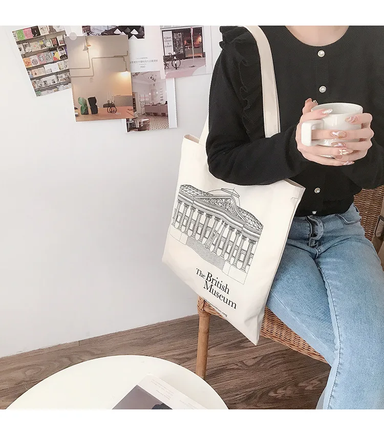 Women Canvas Bag British Museum Print Cotton Shoulder Bags Eco Shopping Bags Simple Casual Tote Cloth Books Handbag For Girls