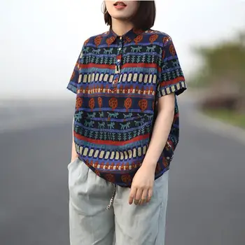 

Hot Sale Fashion 2019 New Summer Women Vintage Print Floral Blouses Turn-Down Collar Shirts Casual Short Sleeve Tops