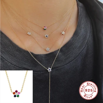 

925 Silver Sterling Necklace collares mujer collier femme Zircon Rainbow Flower Choker Fashion Pendant Chain Necklace Women