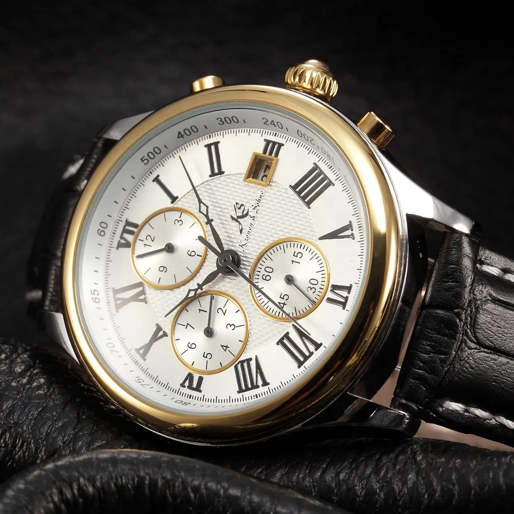 

IMPERIAL KS Golden Case Retro Skeleton 6 Hands Sun Satin Finish Month Display Black Leather Strap Men Mechanical Watch/KS145