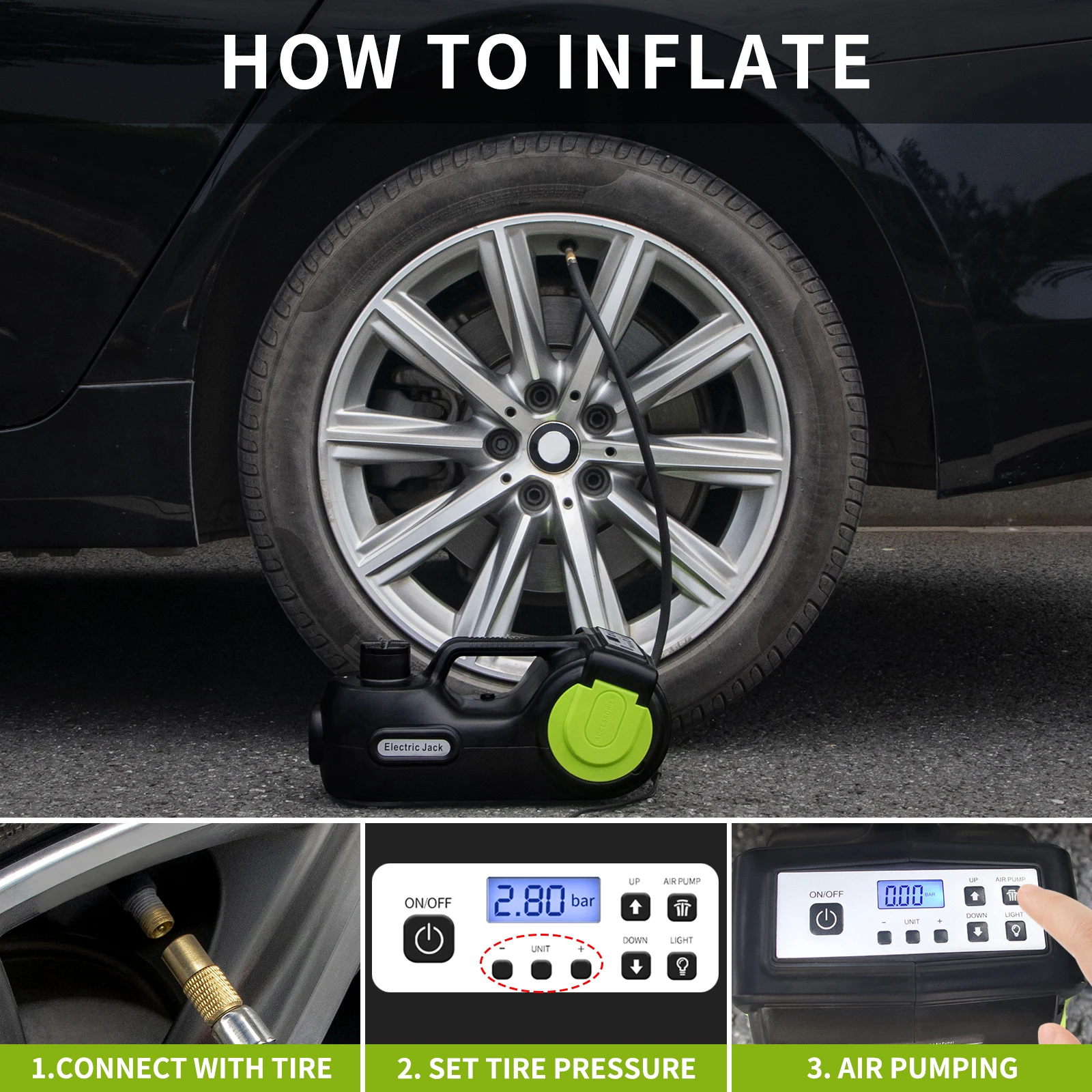 FOVOW 12V Electric Car Jack 5 Ton 4 in 1 Electric Hydraulic Jack 155-450/530mm With Impact Wrench Compressor LED Light