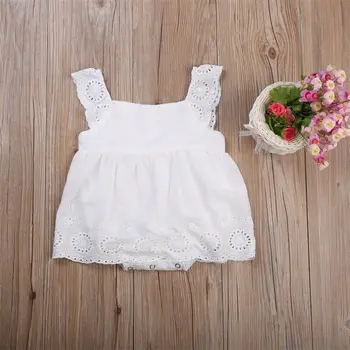 

Solid Sleeveless Ruffled Crochet Lace Romper Dress For Baby Girls