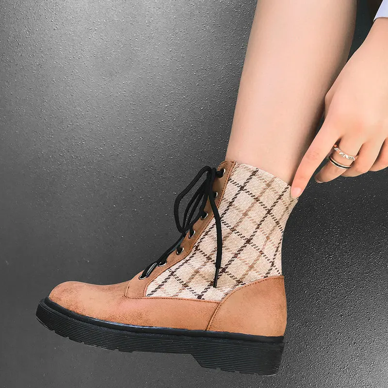 

Fashion Mixed color Lace Up Ankle Boots For Women New 2021 Casual Round Toe Low Heels Shoes Women's Punk Style Short Boots