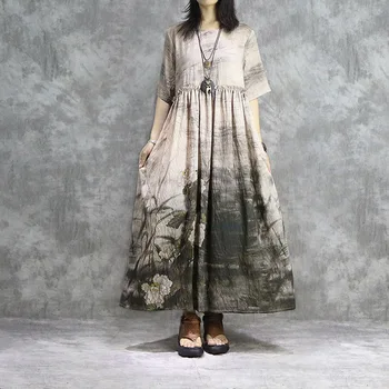 

Vintage Printed Round Neck Five Point Sleeve Loose Long Dress 2020 Summer National Wind Silk Hemp Women Casual Dress Robe