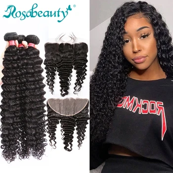 

Rosabeauty Deep Wave Bundles With Lace Frontal Brazilian Human Hair Curly Bundles With Closure 8 to 30 inch Natural Color Wavy