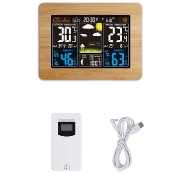 

NEW-Color Sn Weather Forecast Clock Bamboo Surface Radio Wave Clock USB Interface Multifunctional Electronic Alarm Clock