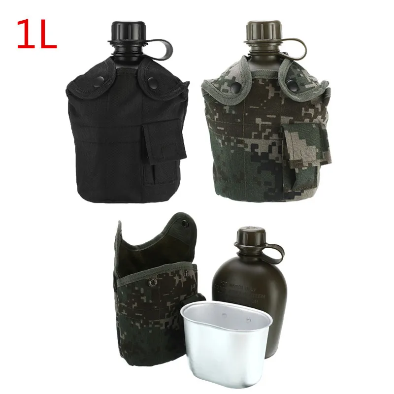 Online 1L Außen Militärische Taktische Wasser Flasche Armee Wasser Kantine Wasserkocher Mit Beutel Tasse Set Für Camping Wandern Rucksack Überleben